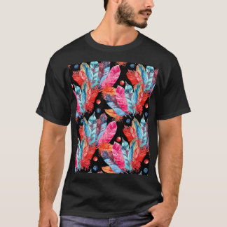 Camiseta Penas coloridas, boho, sem costura, vibrante.