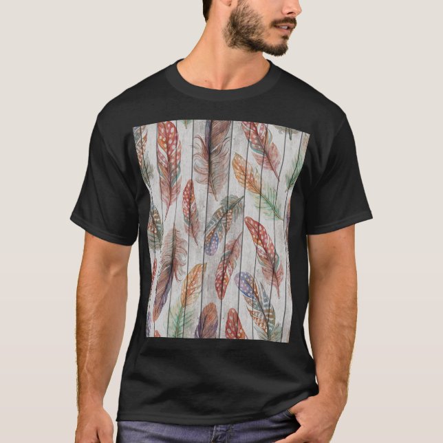 Camiseta Penas Coloridas, Design Sem Costura De Aquarelas. (Frente)