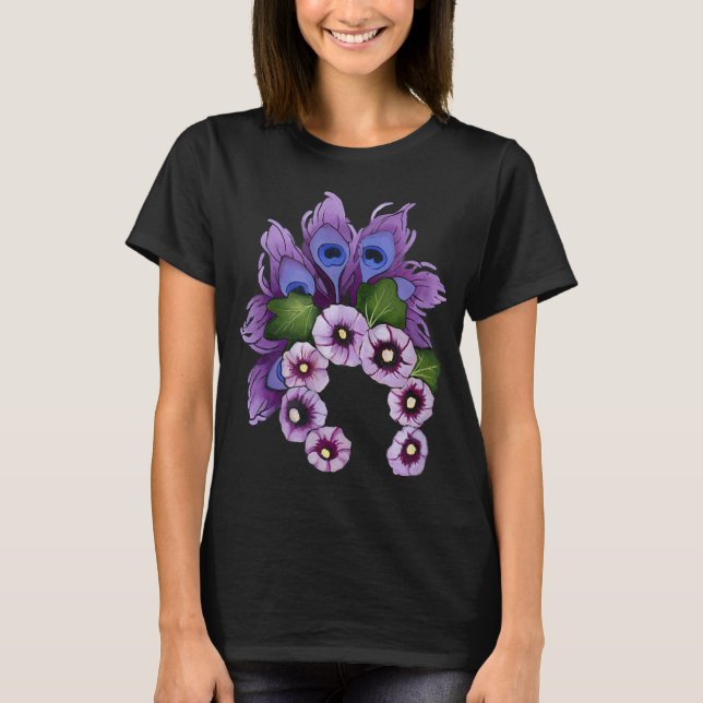Camiseta Penas de pavão e plano de jardim de flores hollyho (Frente)