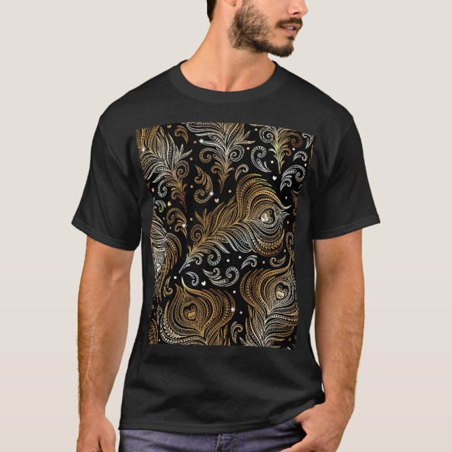 Camiseta Penas Peacock: Desenho Artístico À Mão Livre. (Frente)