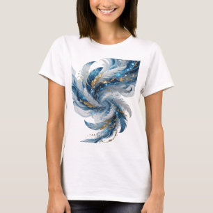 Camiseta Penas prateadas azuis e brancas com folhas dourada