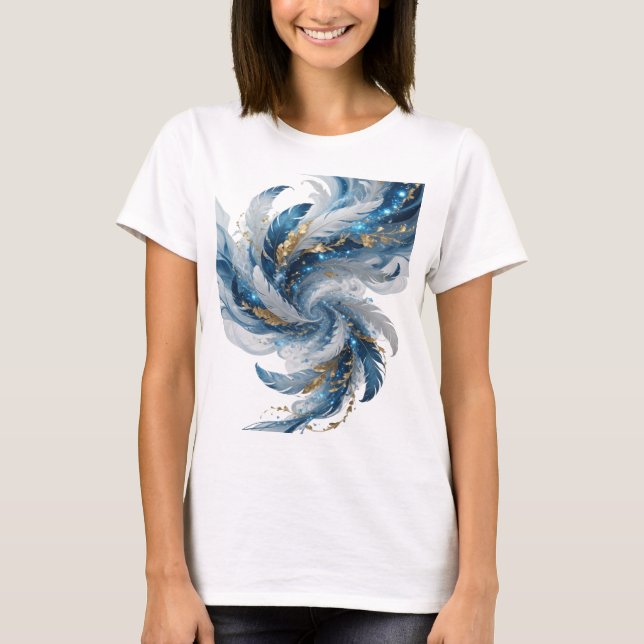 Camiseta Penas prateadas azuis e brancas com folhas dourada (Frente)