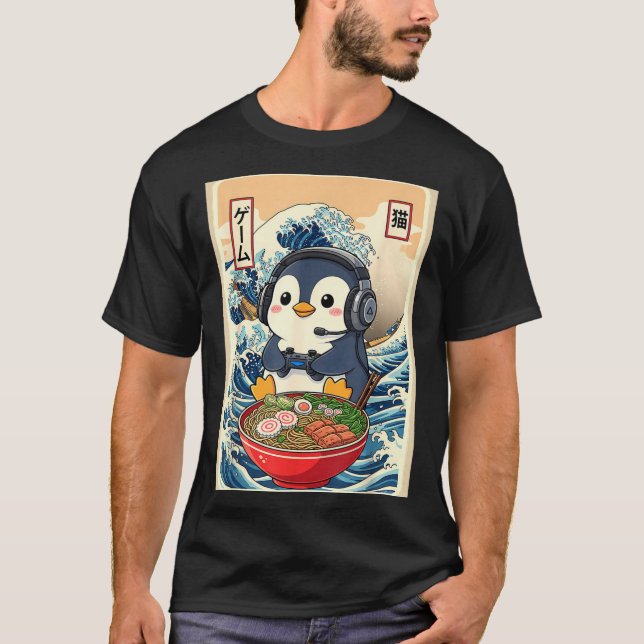 Camiseta Penguin Kawaii Japanese Ramen Noodle Retro Gaming  (Frente)
