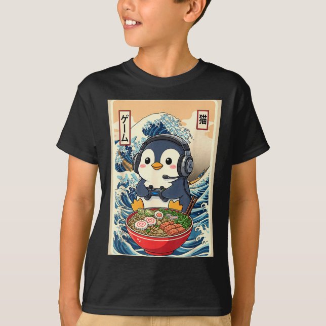 Camiseta Penguin Kawaii Japanese Ramen Noodle Retro Gaming  (Frente)