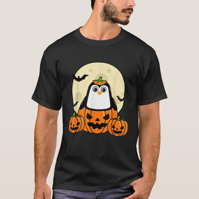 Camiseta Penguin Pumpkin Moon Bats Costume Cute Easy Hallow (Frente)