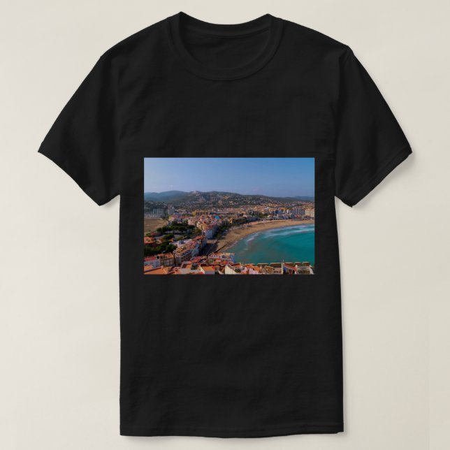 Camiseta Peniscola Espanha Norte e Sur Beaches com Cidade e (Frente do Design)