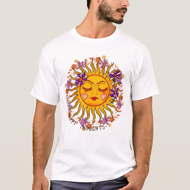 Camiseta Pensamentos Felizes - Sol E Flores Positivos (Frente)