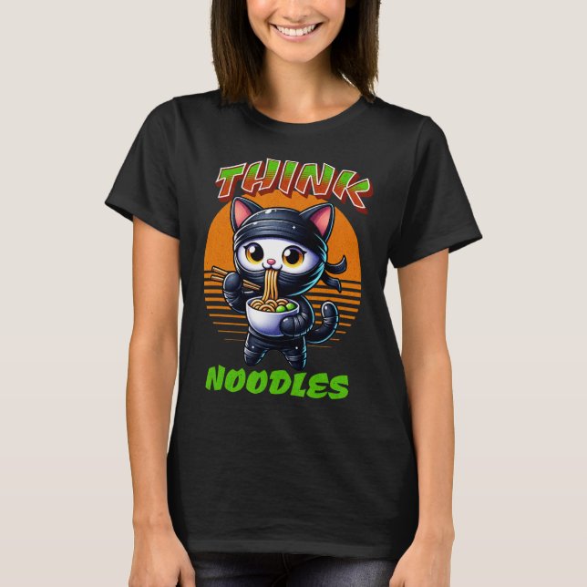 Camiseta Pense em macarrão - Mmm Noodles Kawaii Ninja Cat E (Frente)