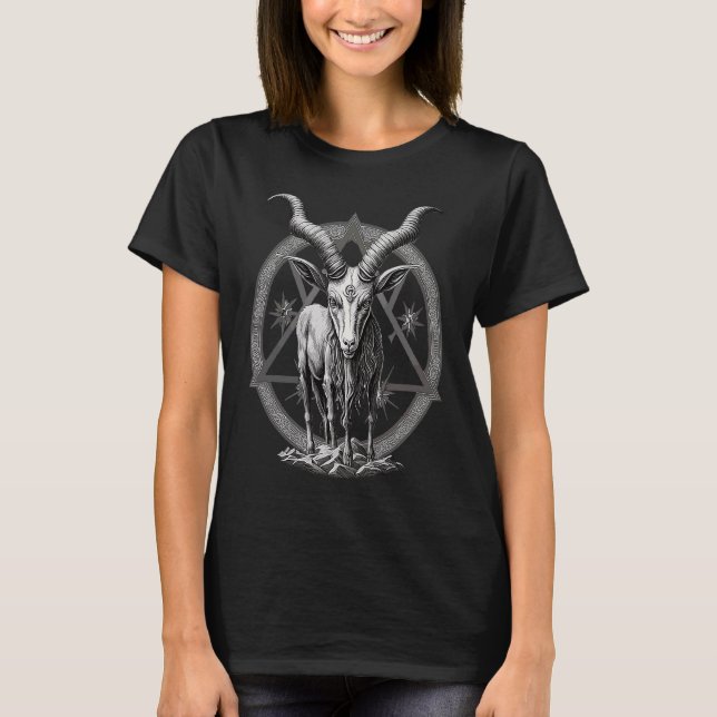 Camiseta Pentagrama Satânico Cabeça de Bode Oculto Baphomet (Frente)