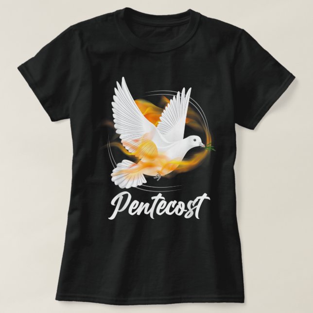 Camiseta Pentecost Doves Língua Fogo Flame Espírito Santo (Frente do Design)