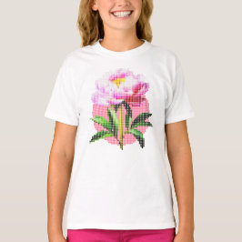 Camiseta Peônia Rosa Pontilhada Mosaico Flor Infantil