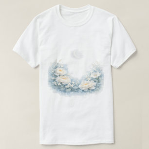 Camiseta Peônias Brancas em Aquarela Lua Crescente Celestia