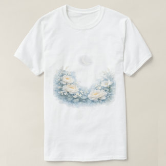Camiseta Peônias Brancas em Aquarela Lua Crescente Celestia