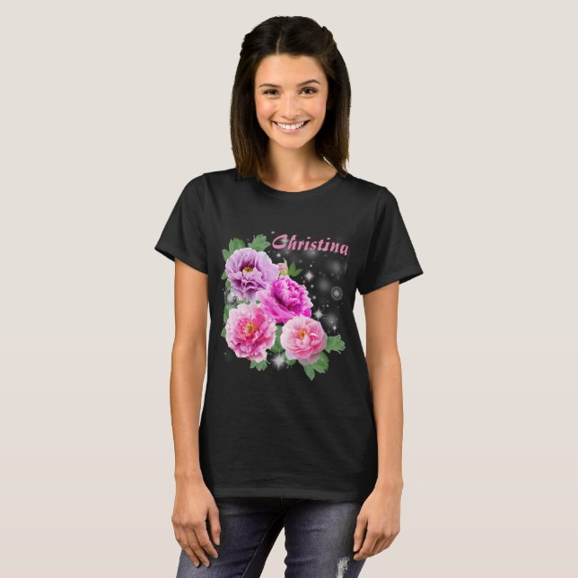 Camiseta Peônias roxas do rosa delicado das flores com (Frente Completa)