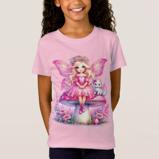 Camiseta Pequena Fada Rosa Sentada num Cogumelo