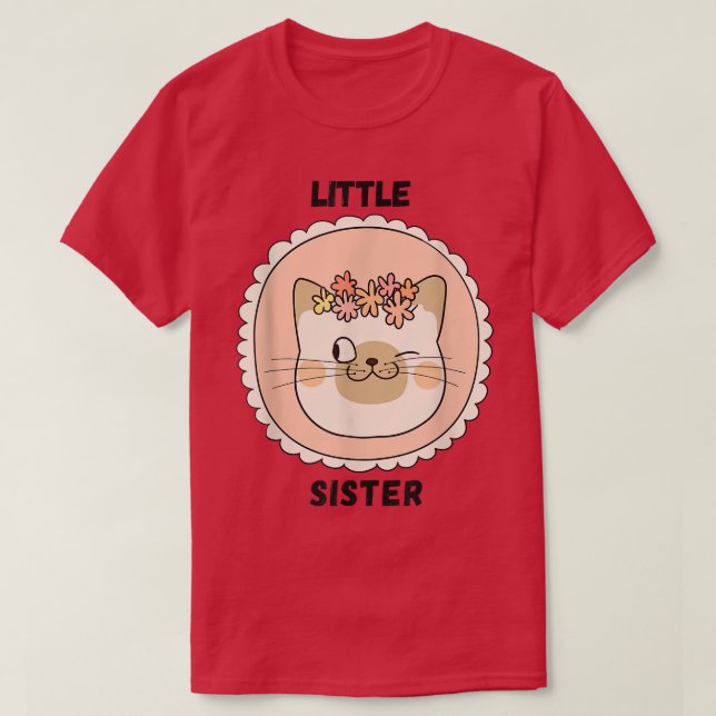 Camiseta Pequena Irmã Engraçada Gato Cor-de-Rosa (Frente do Design)