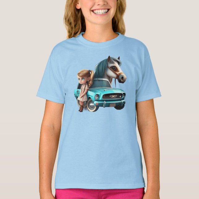 Camiseta Pequena Loura Com Cavalo De Pônea De Carro Mustang (Frente)