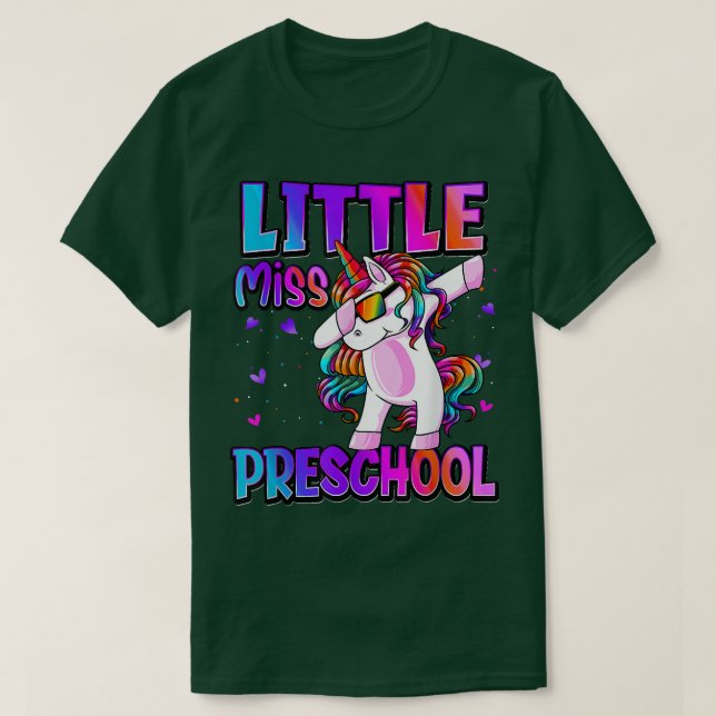 Camiseta Pequena Miss Preschool Dabbing Garotas Unicorn Bac (Frente do Design)