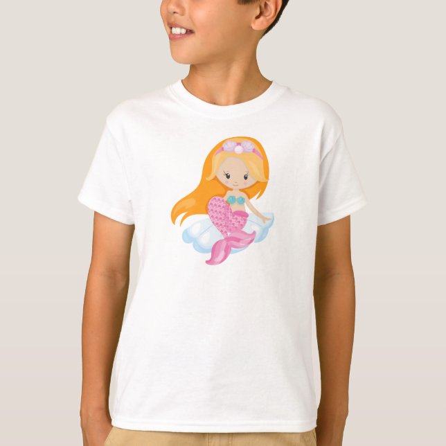 Camiseta Pequena Sereia, Sereia Bonita, Cabelo Laranja, Con (Frente)