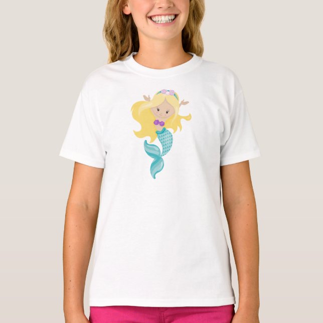 Camiseta Pequena Sereia, Sereia Bonita, Cabelo Loiro, Conch (Frente)