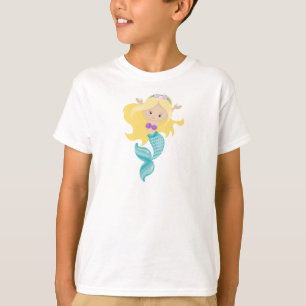 Camiseta Pequena Sereia, Sereia Bonita, Cabelo Loiro, Conch