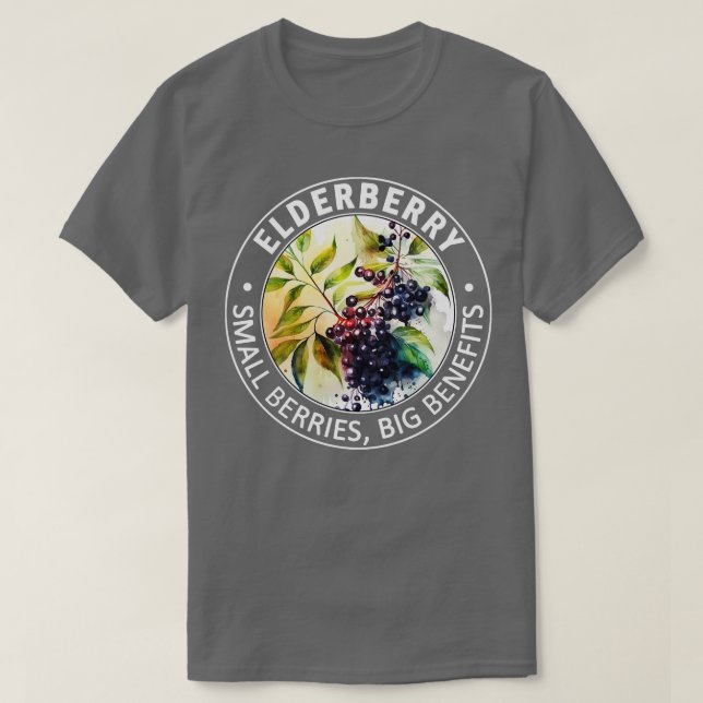 Camiseta Pequenas Berries Elderberry Grandes Benefícios (Frente do Design)
