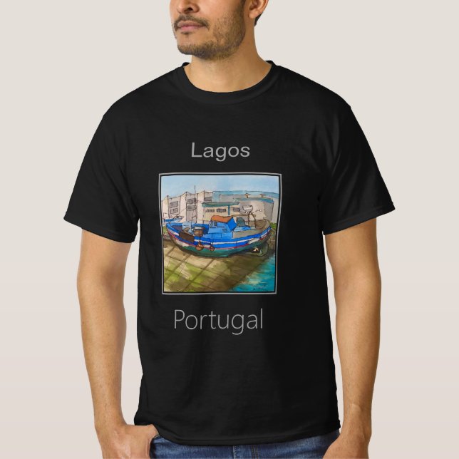 Camiseta Pequeno Barco Azul de Pesca, Lagos, Portugal (Frente)