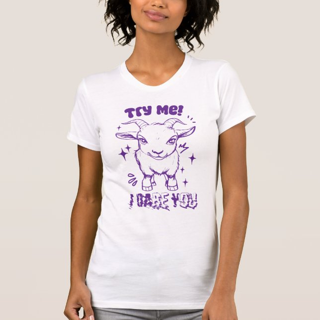 Camiseta Pequeno Bode Texto "Tente Me, Eu Desafio Você" (Frente)