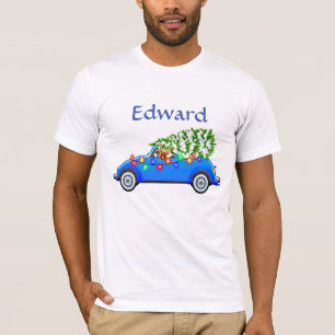 Camiseta Pequeno Carro Azul e Árvore de Natal Personalizado