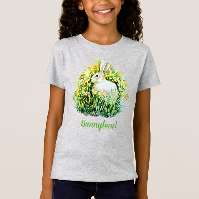 Camiseta Pequeno coelho branco e flores T-Shirt (Frente)