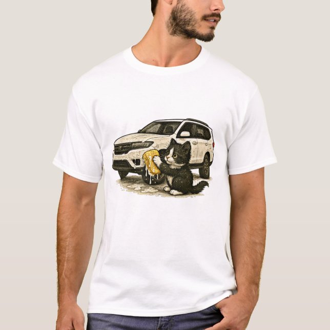 Camiseta Pequeno Gato Whimsic Lave o Carro (Frente)