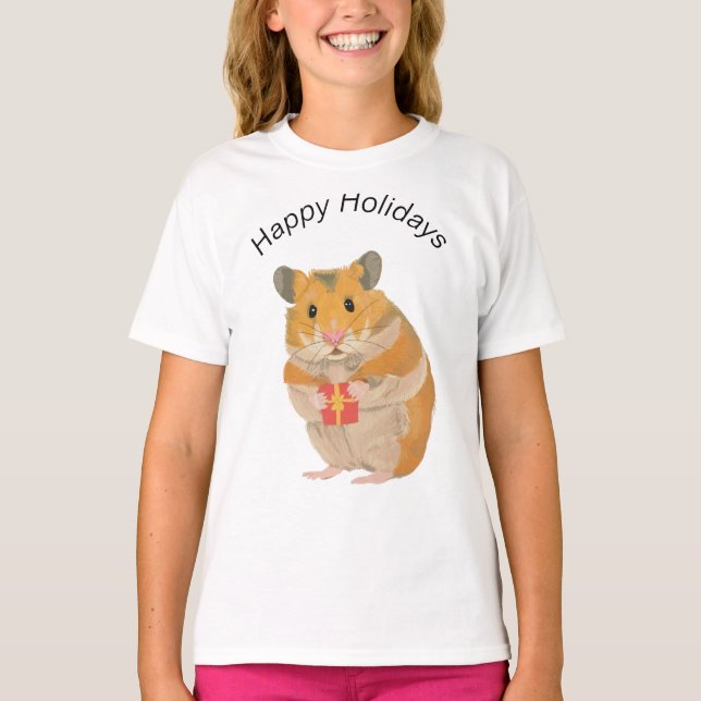 Camiseta Pequeno Hamster de Natal bonito segurando um prese (Frente)