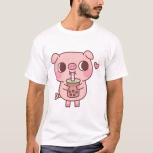 Camiseta Pequeno Porco Bonito Adora Chá De Bolha Bebendo