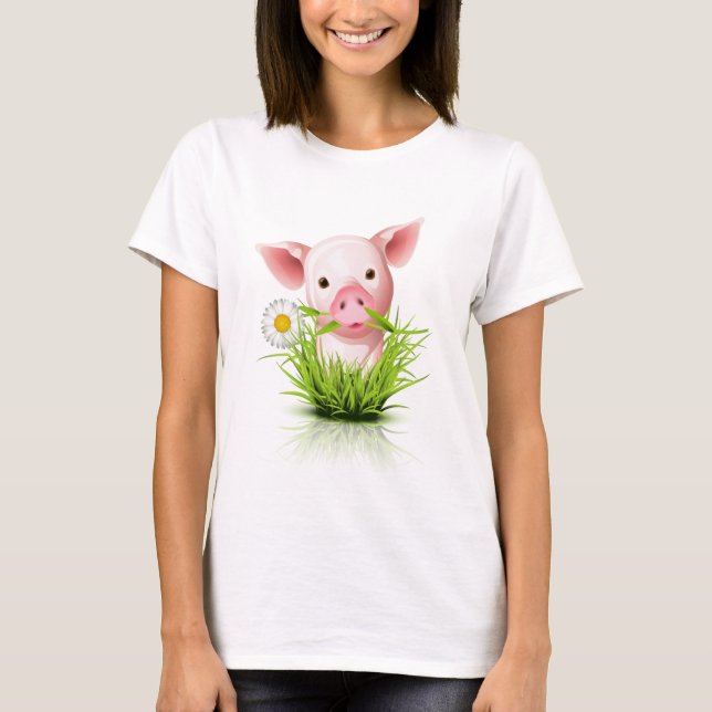 Camiseta Pequeno porco rosa na grama (Frente)