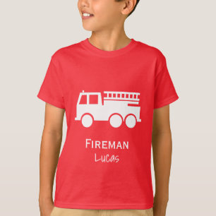 Camiseta Pequeno Rapaz Fogo Caminhão com Nome Vermelho e B