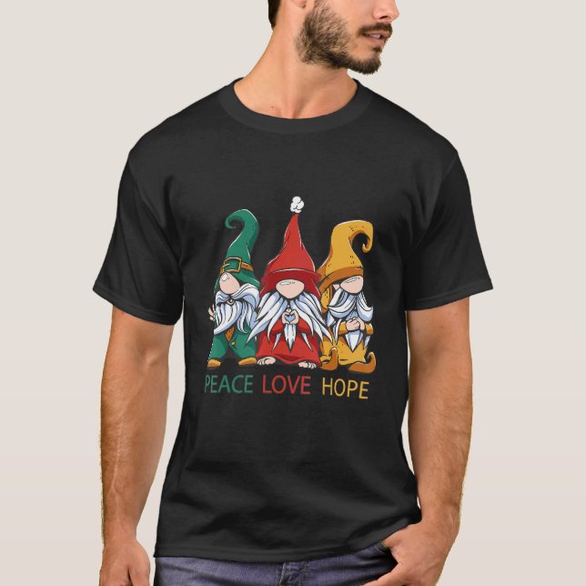 Camiseta Pequenos gnomos em ervilhas verdes, vermelhas e am (Frente)