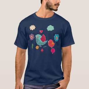 Camiseta Pequenos pássaros bonitos com flores coloridas eng