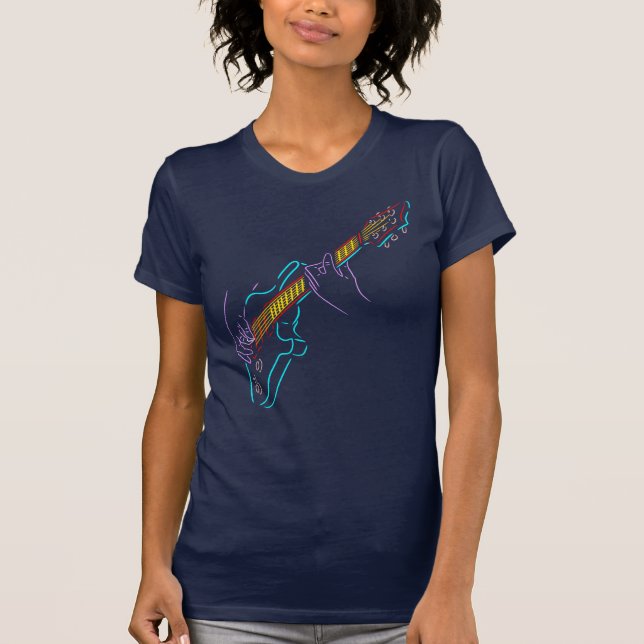 Camiseta Perca. Silhueta colorida de uma guitarra elétrica. (Frente)