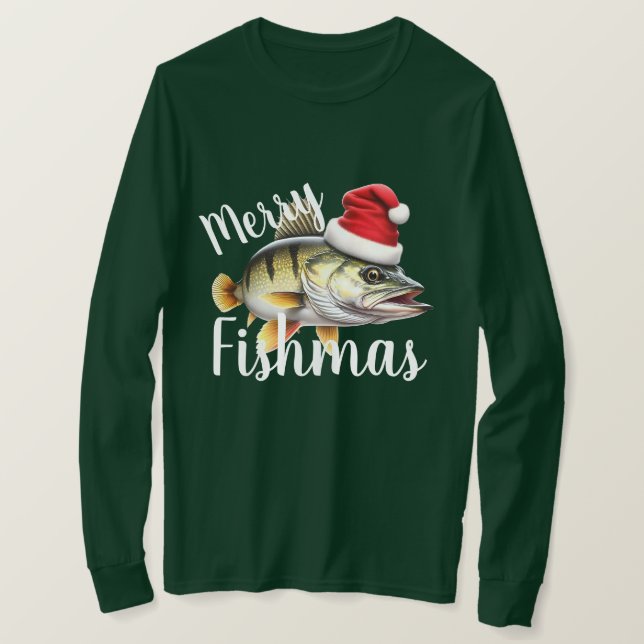 Camiseta Perch "Feliz Fishmas" Fingido Natal (Frente do Design)