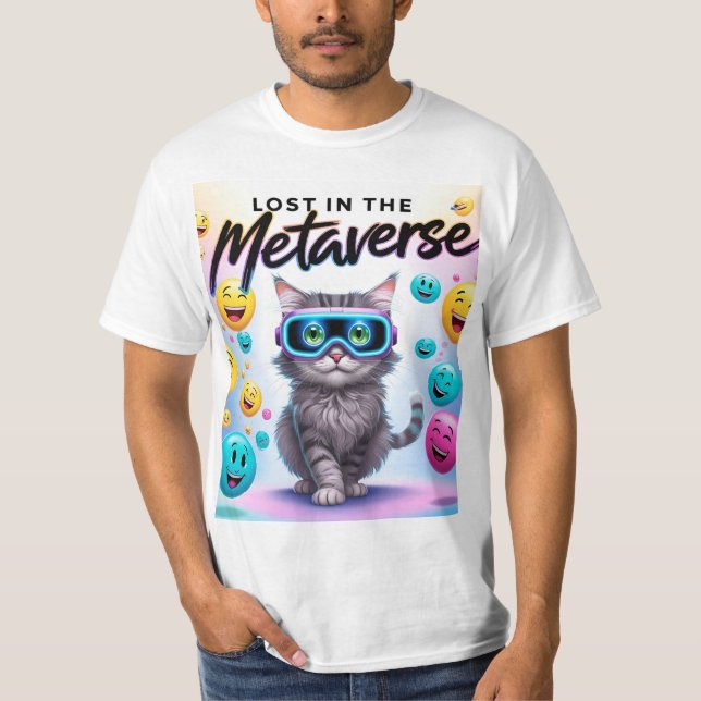 Camiseta Perdido no Metaverso - Design de Gato RV Engraçado (Frente)
