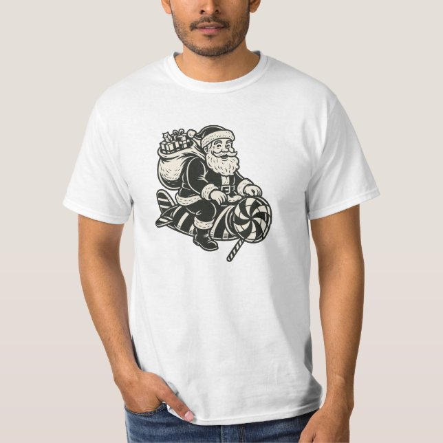 Camiseta Père Noël rétro sur fusée sucre d’orge stylisée. (Frente)