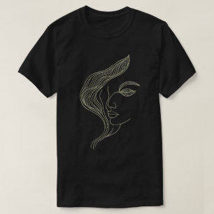 Camiseta Perfil de Mulher Folha Arte de Linha Elegante