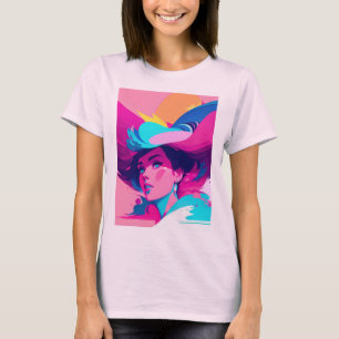 Camiseta Perfil Feminino Dinâmico em Rosas e Azul Vibrante