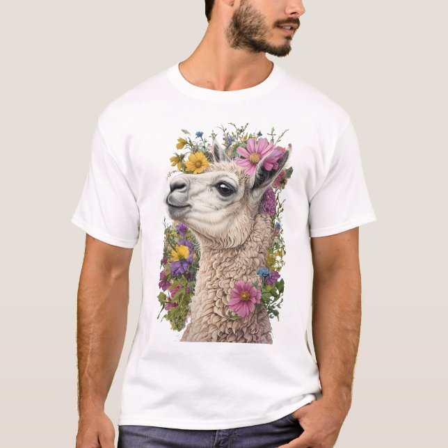Camiseta Perfil Llama Com Floral Vibrante (Frente)