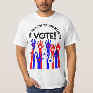 Camiseta Pergunte-me como se registrar para votar azul verm