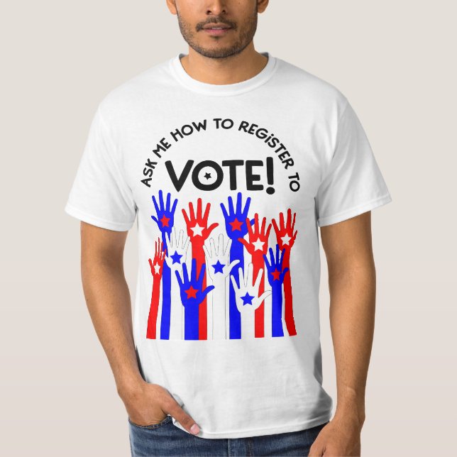 Camiseta Pergunte-me como se registrar para votar azul verm (Frente)