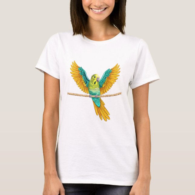 Camiseta Periquito sentado em uma corda com asas abertas (Frente)