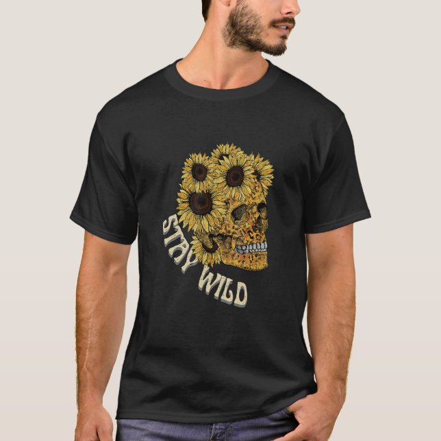 Camiseta Permaneça Selvagem Caveira de Girassol Leopardo Oc (Frente)
