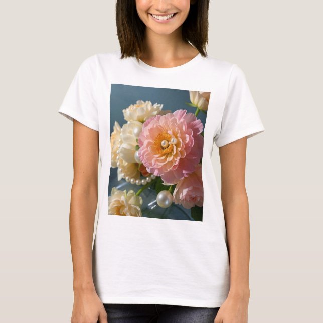 Camiseta Pérolas com flores rosadas (Frente)