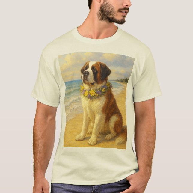 Camiseta perro San Bernardo en la playa a pintura (Frente)